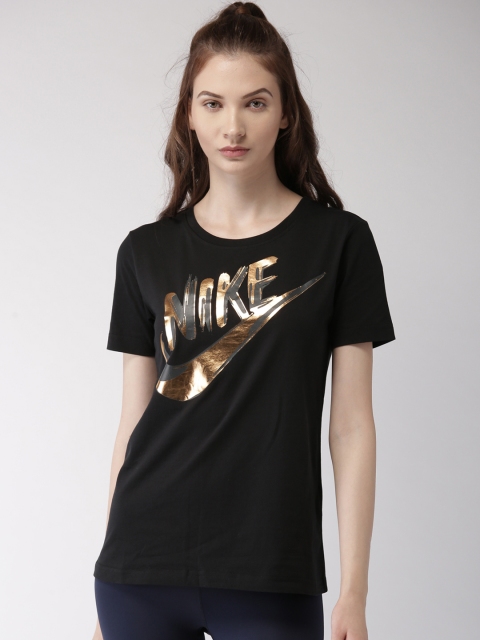 

Nike Women Blue Solid Regular fit AS W NSW TOP SS METALLIC GX Nike Dry Tshirt, Black