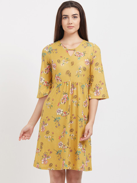 

109F Women Yellow Floral Print A-Line Dress