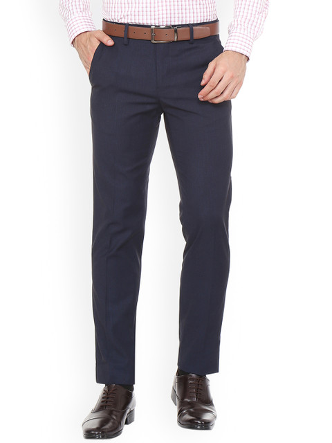 

Peter England Elite Men Navy Blue Slim Fit Self Design Formal Trousers