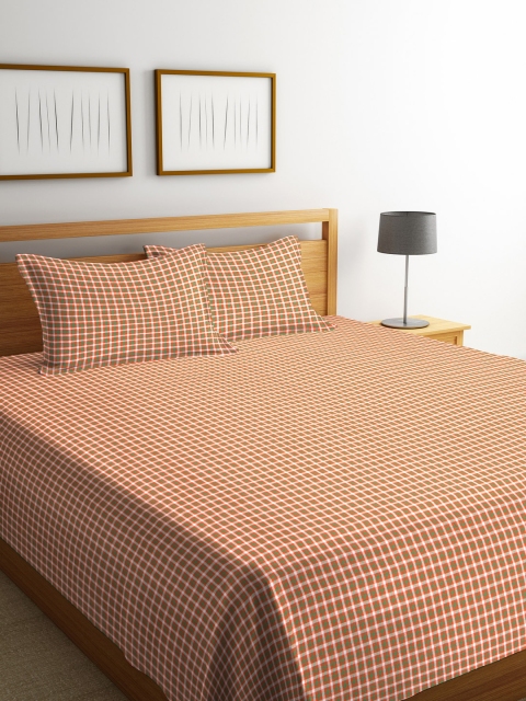 

NEUDIS Orange & White Checked Cotton Double Bed Cover with 2 Pillow Covers