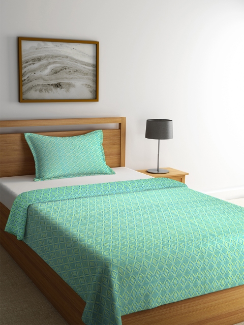 

NEUDIS Blue & Yellow Geometric Cotton Single Bed Cover with Pillow Cover