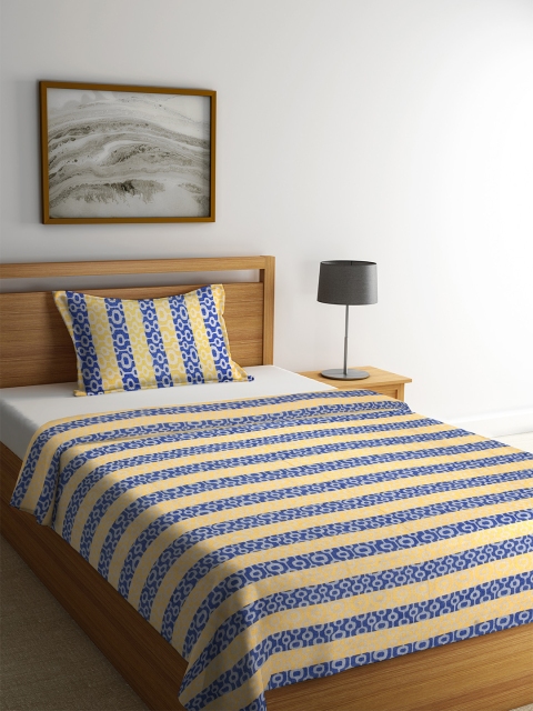 

NEUDIS Yellow & Blue Striped Cotton Single Bed Cover with Pillow Cover