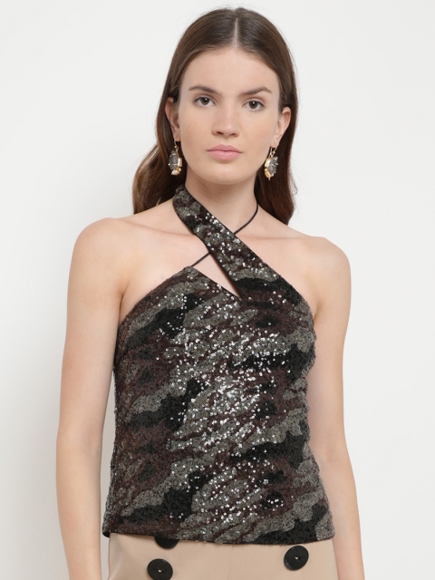 

Kazo Women Black & Grey Sequinned Halter Neck Fitted Top