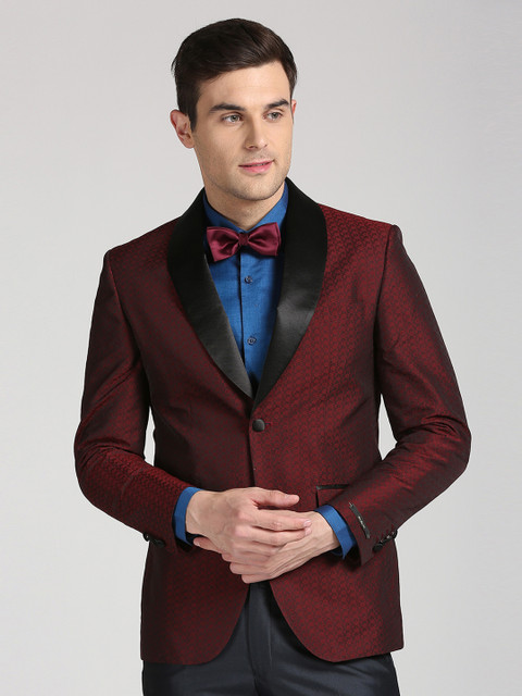 

Peter England Elite Men Maroon Self-Design Single-Breasted Blazer