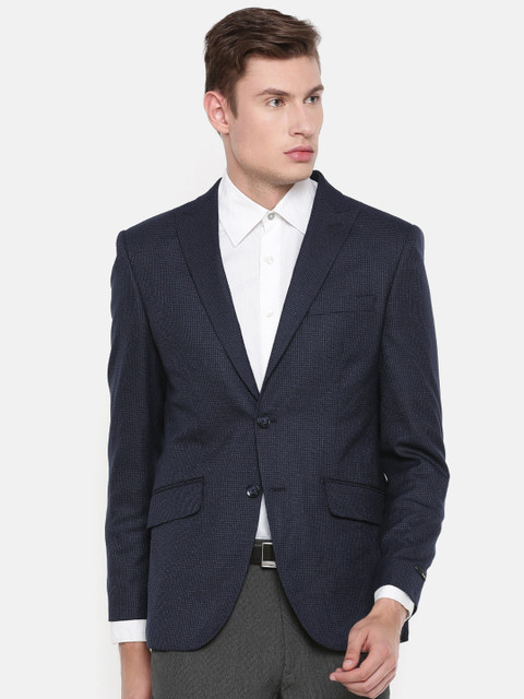 

Peter England Elite Men Navy Blue Checked Slim Fit Single-Breasted Formal Blazer