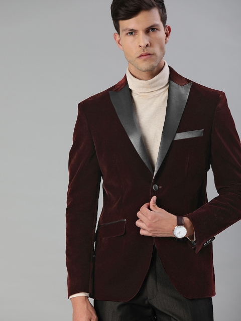 

Peter England Elite Men Maroon Slim Fit Velvet Finish Single-Breasted Partywear Blazer