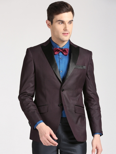 

Peter England Elite Men Black Self-Design Single-Breasted Blazer