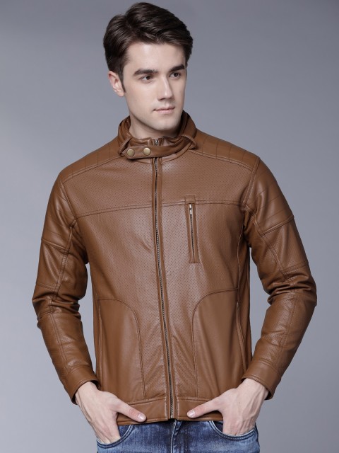 

LOCOMOTIVE Men Brown Solid Biker Jacket