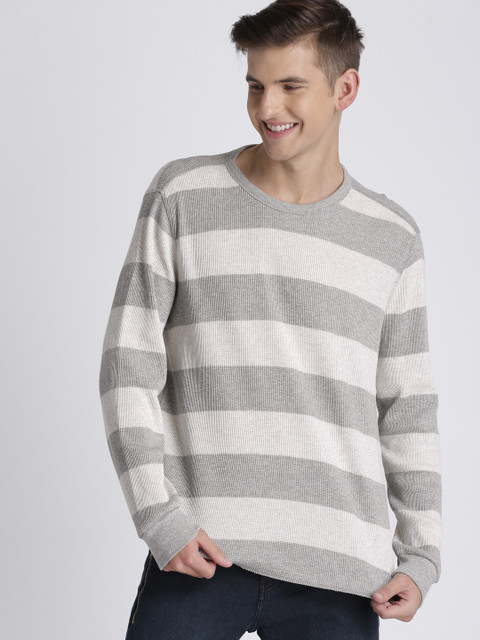 

GAP Men Grey & Off-White Striped Round Neck T-shirt