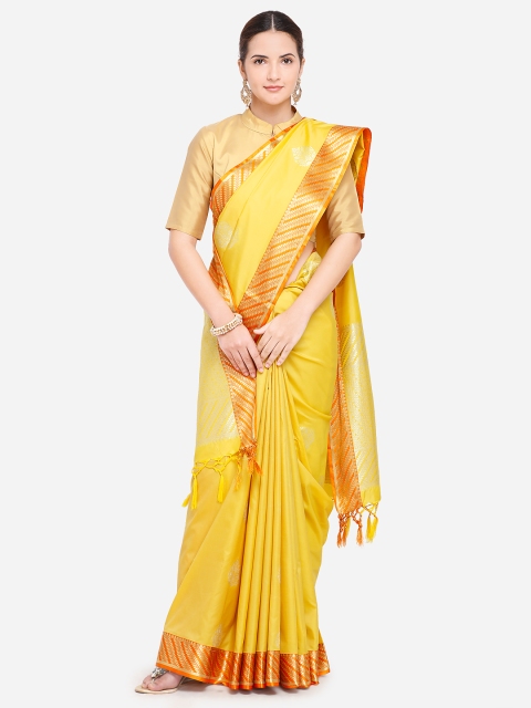 

Varkala Silk Sarees Mustard Yellow Silk Blend Woven Design Banarasi Saree