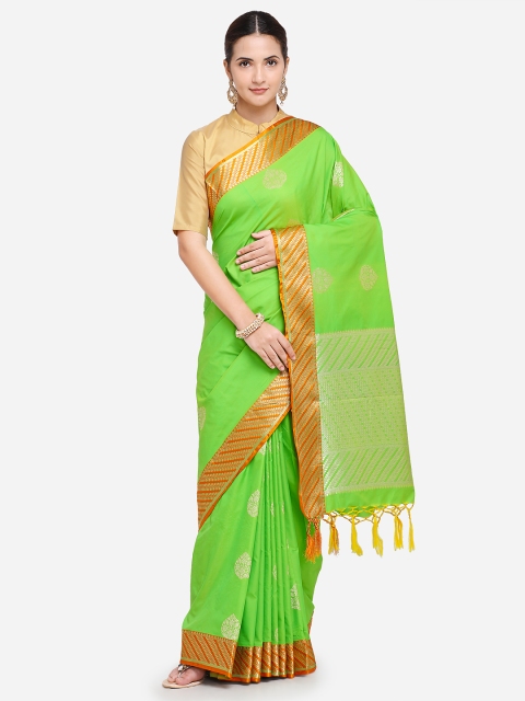 

Varkala Silk Sarees Green & Orange Silk Blend Woven Design Banarasi Saree