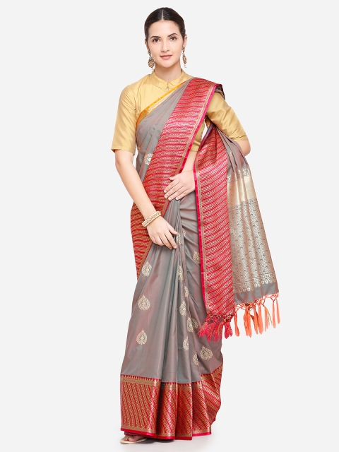 

Varkala Silk Sarees Grey & Orange Silk Blend Woven Design Banarasi Saree