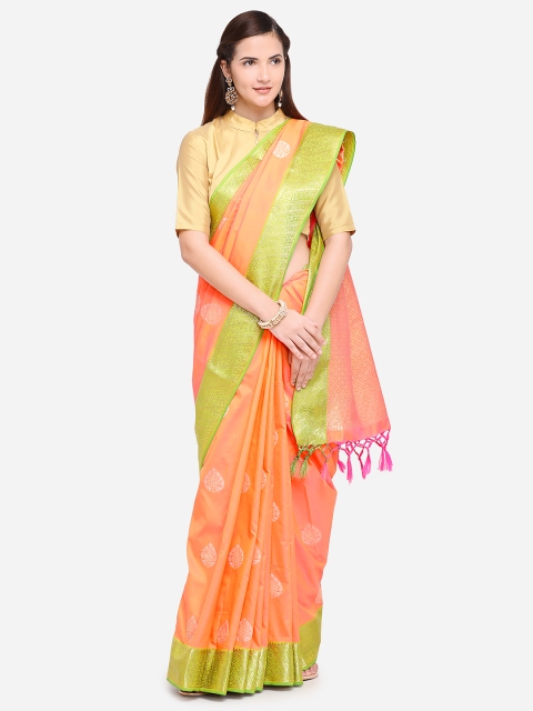 

Varkala Silk Sarees Orange & Green Silk Blend Woven Design Banarasi Saree
