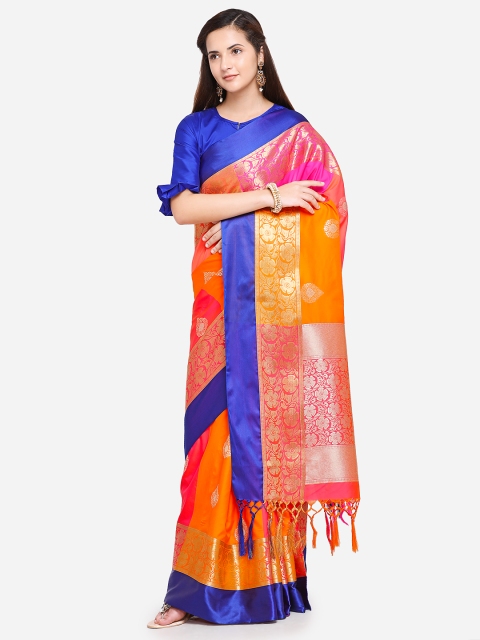 

Varkala Silk Sarees Orange & Coral Pink Silk Blend Woven Design Kanjeevaram Saree