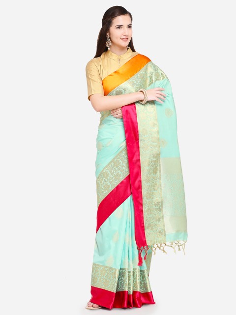 

Varkala Silk Sarees Turquoise Blue & Pink Silk Blend Woven Design Kanjeevaram Saree