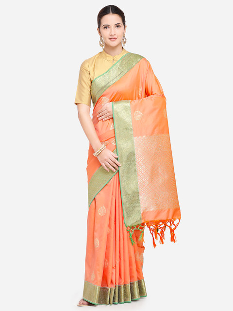 

Varkala Silk Sarees Orange & Gold-Coloured Silk Blend Woven Design Banarasi Saree