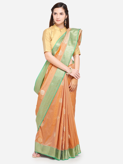 

Varkala Silk Sarees Orange & Green Silk Blend Woven Design Banarasi Saree