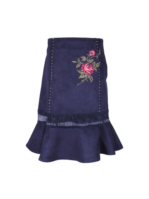 

CUTECUMBER Girls Navy-Blue Embroidered A-Line Midi Skirt
