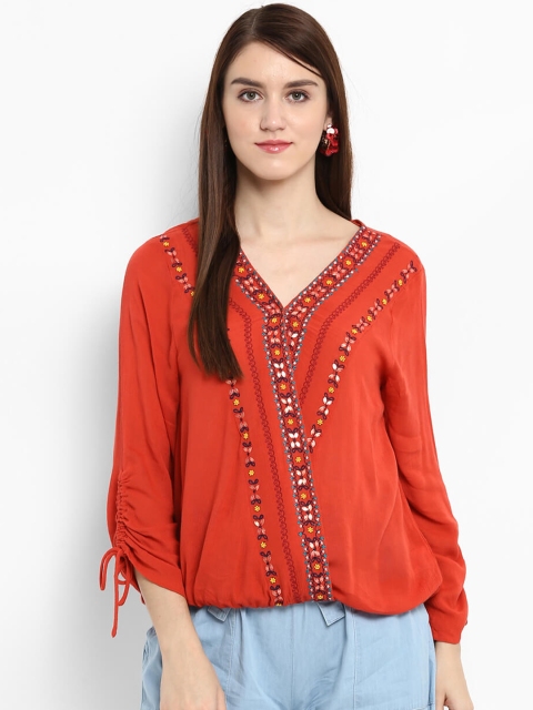 

Chumbak Women Orange Self Design Blouson Top