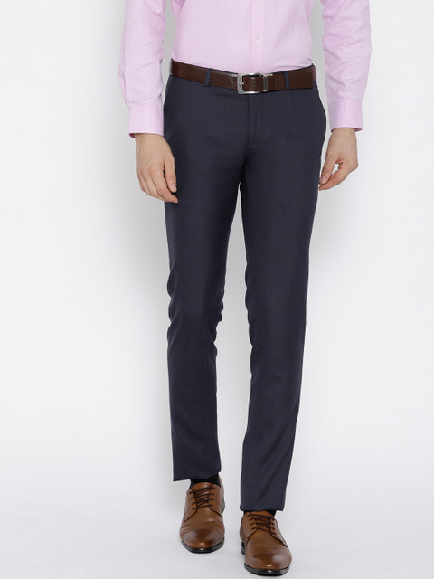 

J Hampstead Men Navy Slim Fit Checked Formal Trousers, Navy blue