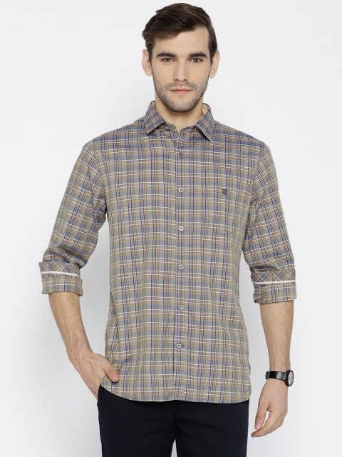 

J Hampstead Men Mustard Yellow & Blue Slim Fit Checked Casual Shirt