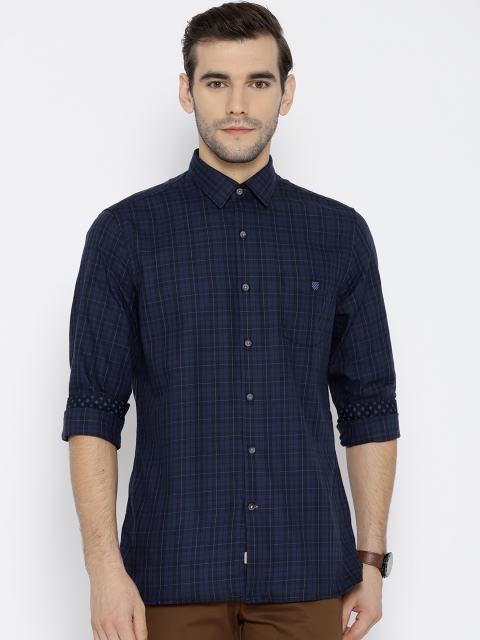 

J Hampstead Men Navy Slim Fit Checked Casual Shirt, Navy blue