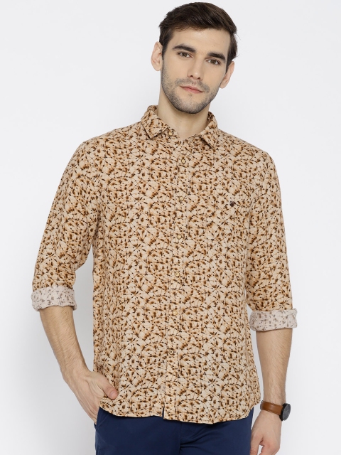 

J Hampstead Men Beige & Coffee Brown Linen Slim Fit Printed Casual Shirt