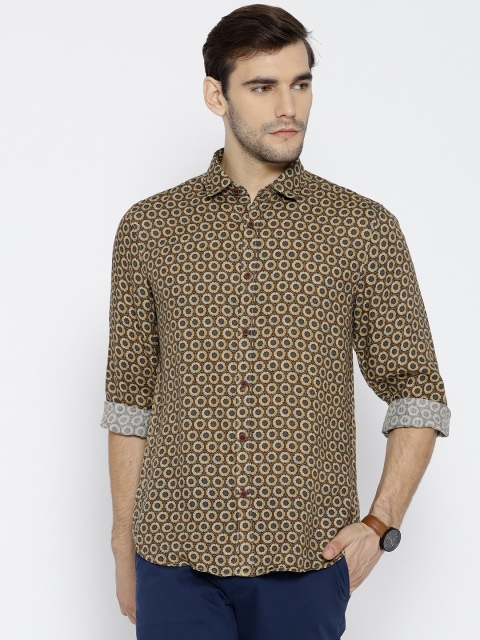 

J Hampstead Men Beige Slim Fit Printed Linen Casual Shirt