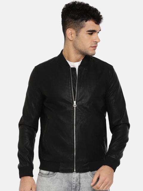 

Lee Men Black Solid Faux Leather Slim Fit Bomber