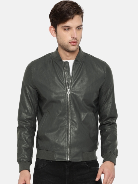 

Lee Men Charcoal Grey Solid Faux Leather Slim Fit Bomber Slim Fit Jacket