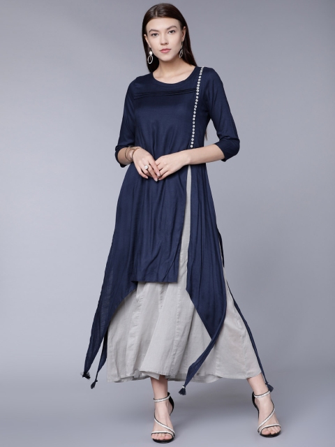 

Vishudh Women Navy Blue Solid Asymmetric Hemline A-Line Kurta