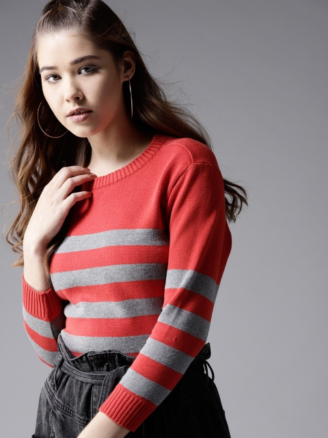 

HERE&NOW Women Red & Grey Striped Pullover