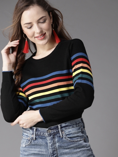 

Moda Rapido Women Black Striped Pullover