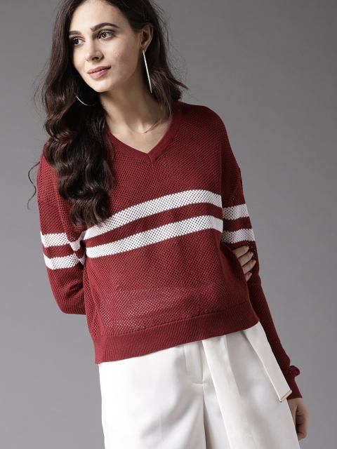 

Moda Rapido Women Rust Red & White Cable Knitted Pullover