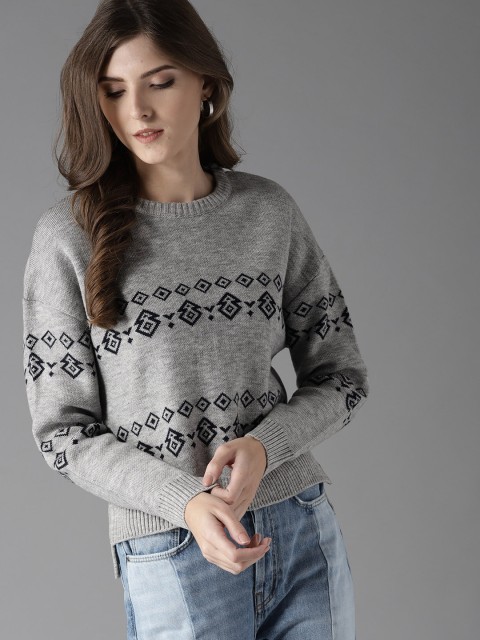 

HERE&NOW Women Grey Melange Self Design Pullover