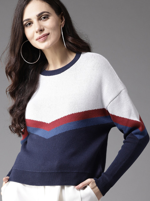 

Moda Rapido Women White & Navy Blue Colourblocked Pullover
