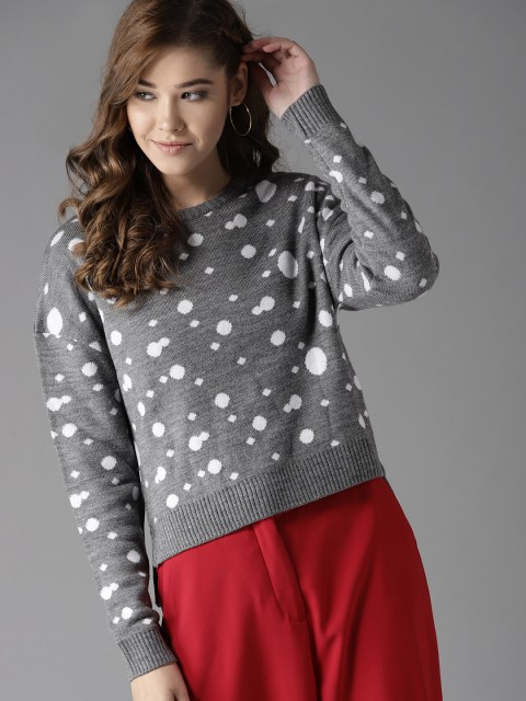 

HERE&NOW Women Grey Melange & White Self Design Pullover