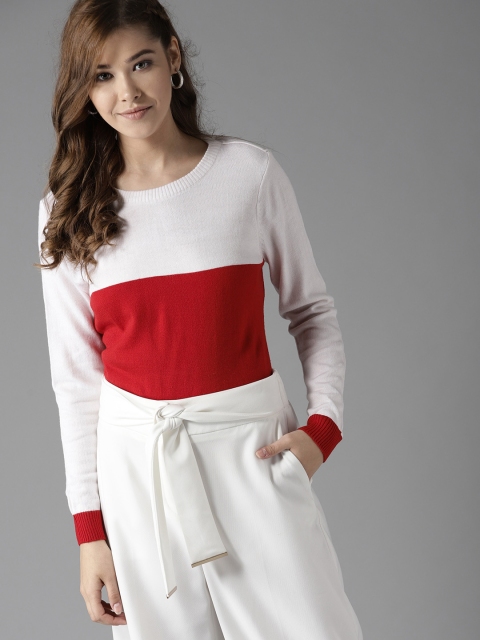 

HERE&NOW Women White & Red Colourblocked Sweater