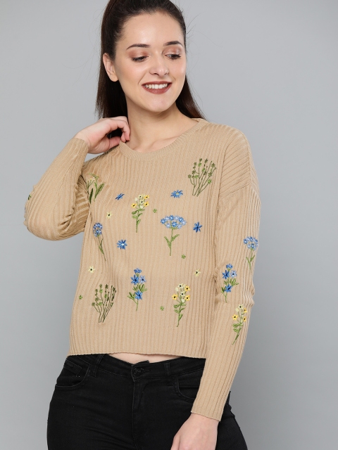 

HERE&NOW Women Beige Embroidered Ribbed Pullover Sweater