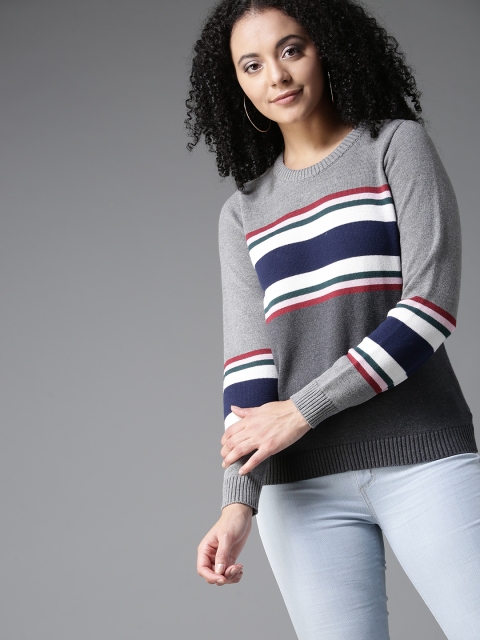 

HERE&NOW Women Grey & Navy Blue Striped Pullover