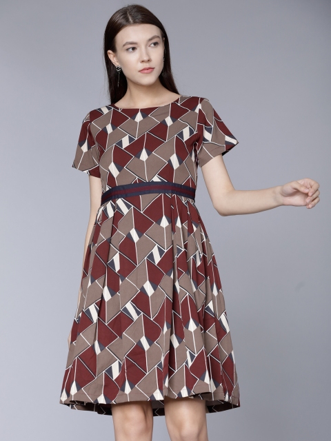

Tokyo Talkies Women Maroon & Brown Printed Fit and Flare Dress