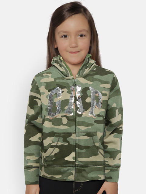

Gap Girls' Green Camouflage Printed Flippy Sequin Logo Hoodie Sweatshirt