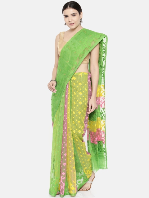 

gocoop Green & Yellow Silk Cotton Woven Design Jamdani Saree