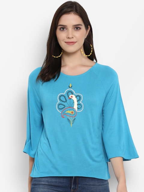 

Chumbak Women Blue Printed Round Neck T-shirt