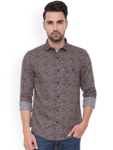 

Peter England Casuals Men Grey & Red Slim Fit Printed Casual Shirt