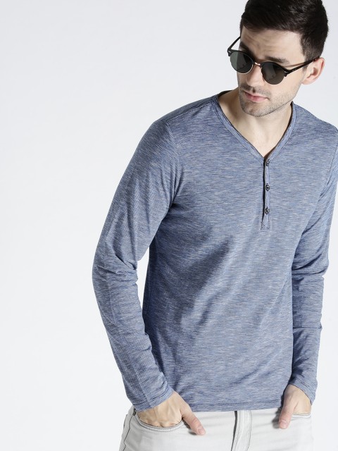 

s.Oliver Men Blue Striped Henley Neck T-shirt