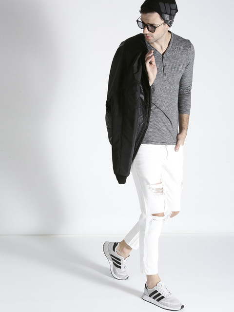 

s.Oliver Men Black Striped Henley Neck T-shirt