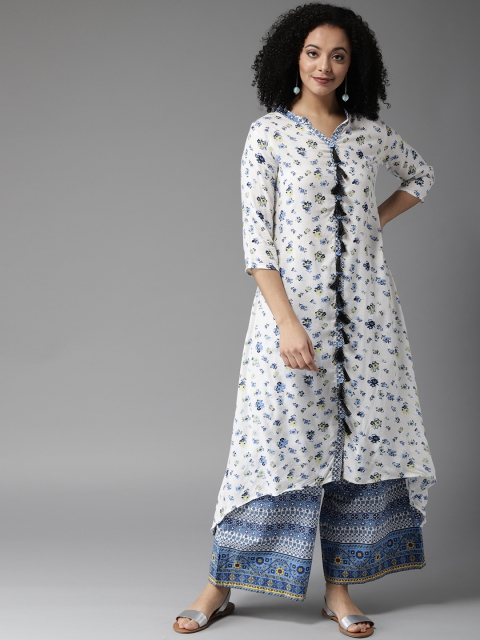 

HERE&NOW Women White & Blue Printed Kurta with Palazzos