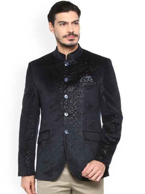 

Van Heusen Men Black Slim Fit Self Design Ethnic Bandhgala Blazer