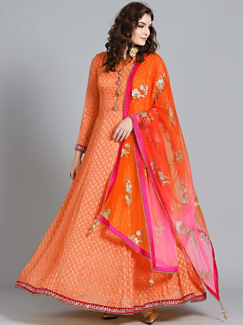 

Chhabra 555 Women Peach-Coloured & Pink Embroidered Kurta with Churidar & Dupatta